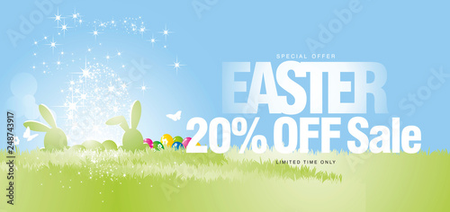 Easter Sale special offer 20 percent off limited time light stars colorful spring grass eggs rabbits colorful spring background