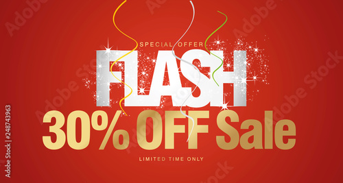 Flash Sale 30 percent off limited time only white gold red background