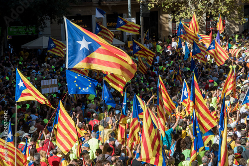 People wave 'Esteladas' (pro-independence Catalan flags) as they gather during a pro-independence demonstration, on September 11, 2017 in Barcelona during the National Day of Catalonia, the 'Diada'.