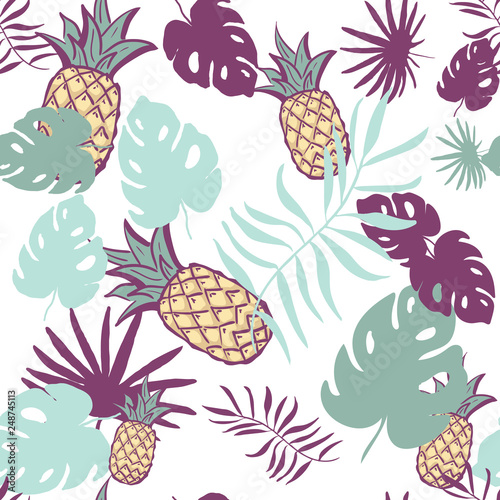 Seamless exotic pattern with pineapple palm leaves on white background. Tropical monstera leaves illustration. Fashion design. print fabric textile, wallpaper, wrapping paper. hand drawing.
