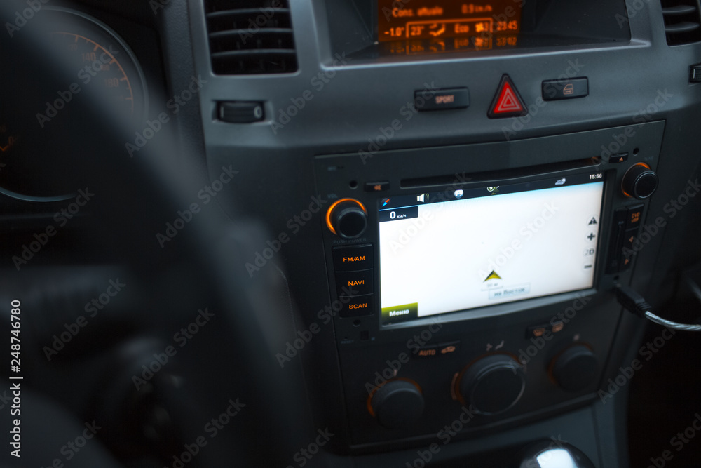 GPS. Close-up of car dashboard navigation system. GPS. Close-up of car dashboard navigation system.