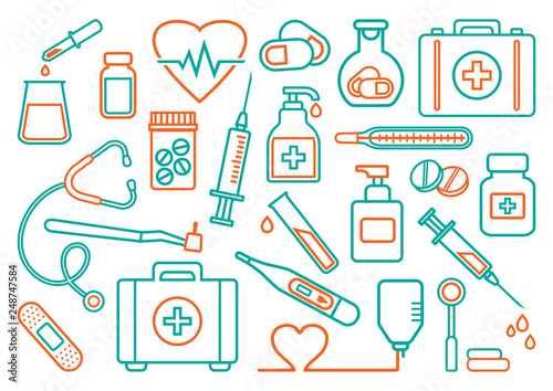 Medicine icons, line art. Vector illustration