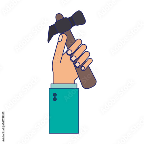 hand with hammer tool cartoon blue lines