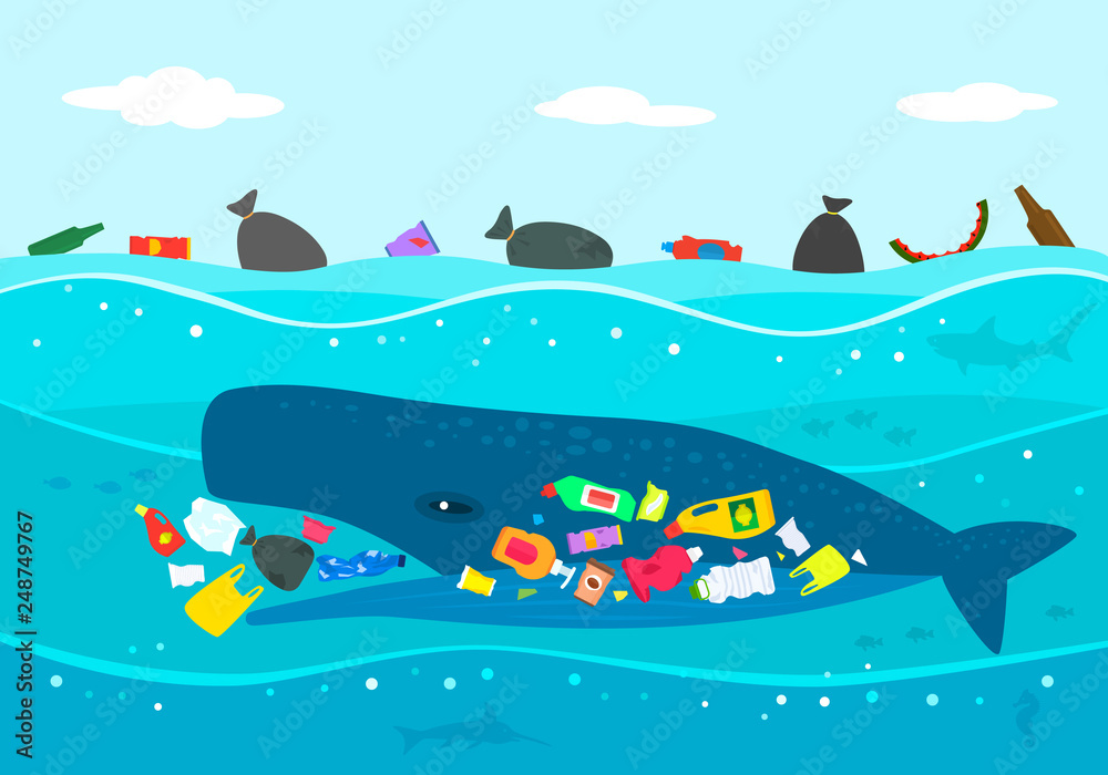 Obraz premium Ecological disaster of plastic garbage in the ocean. A large sperm whale eats plastic trash against a polluted sea.