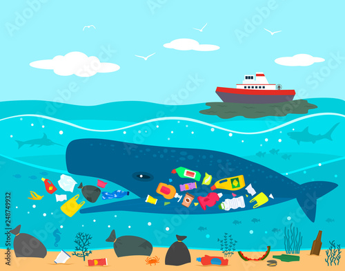 Environmental disaster accident on an oil tanker and the release of oil into the ocean against the background of plastic garbage in the ocean.