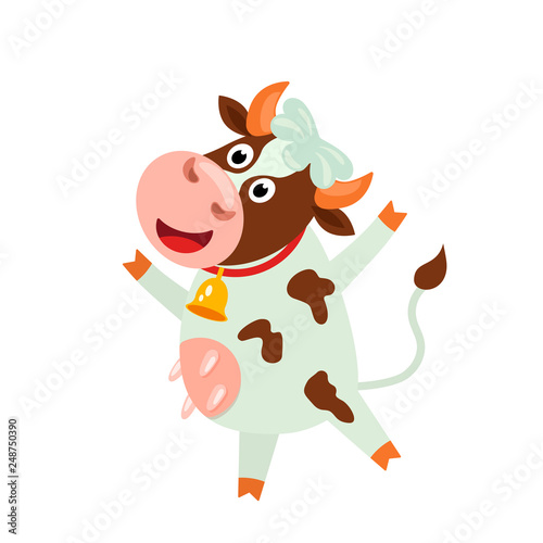 Cute cow with a funny face and a bell. funny character in cartoon style. flat vector illustration