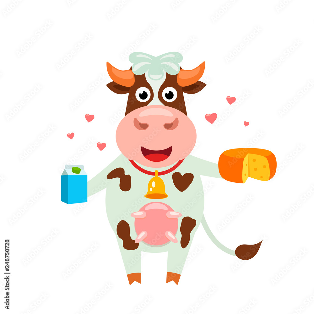 Fototapeta premium Lovely funny spotted cow holding cheese and milk. Fun cartoon animal farm character vector illustration isolated