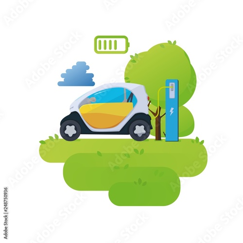 Flat vector illustration of a red electric car charging at the charger station. Vector Electric car infographic with icons © Aleksandr