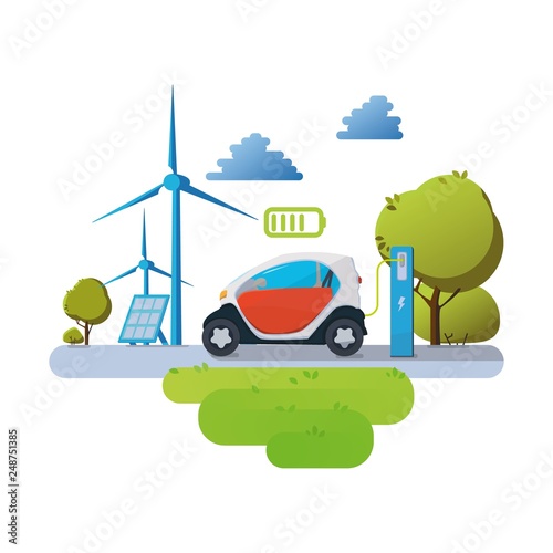 Flat vector illustration of a red electric car charging at the charger station in front of the solar panels and wind turbines. Vector Electric car infographic with icons © Aleksandr