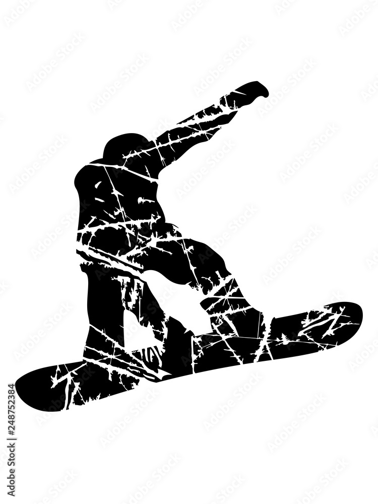 Fototapeta premium kratzer risse stempel fahren snowboard sprung springen stunt spaß sport winter urlaub ferien ski piste schnell kalt clipart umriss silhouette snowboarden brett sprungchance design logo