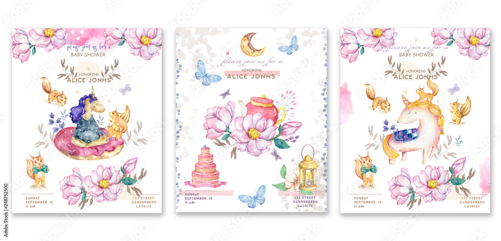 Set cards watercolor isolated cute watercolor unicorn and sqirrel clipart. Nursery unicorns illustration. Princess unicorns poster. Trendy pink cartoon horse. Birthday invite.
