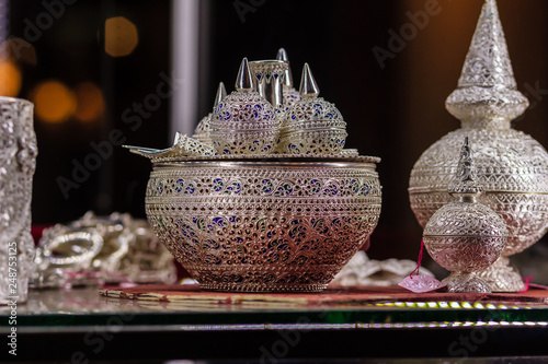 Beautiful Ancient Thai genuine silver jewelry, retro engraved silverware, Beautiful genuine silver jewelry handicrafts of Thailand