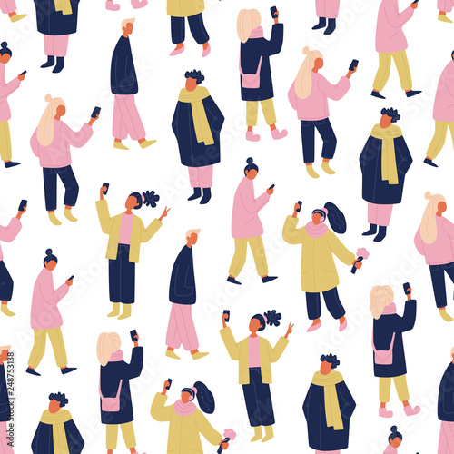 vector communicating people seamless pattern in pink, yellow and blue. vector repeating tile with people and phones taking selfies, chatting, texting, walking. flat vector people group wrapping paper.