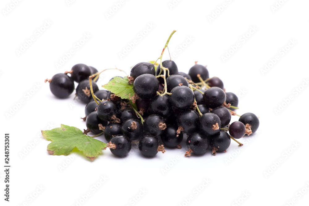A handful of black currants on a white background. Isolated