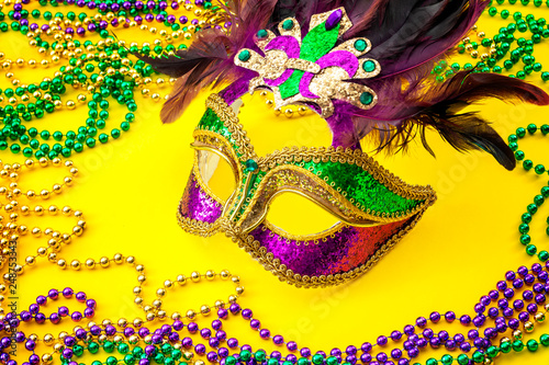 Photo Fat Tuesday traditional accessory and Mardi Gras carnival concept theme with clo