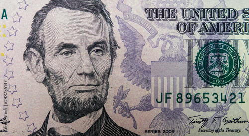 Abraham Lincoln - American statesman, 16th President of the USA (1861-1865). five dollars. Presidents Day, July 4, Independence Day