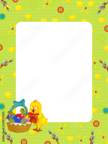 cartoon scene with kid easter chicken painting with frame on white background - illustration for children