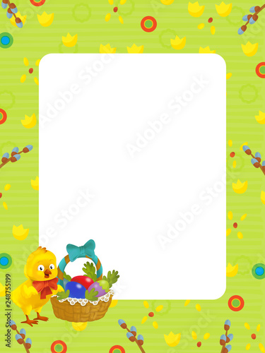 cartoon scene with kid easter chicken painting with frame on white background - illustration for children