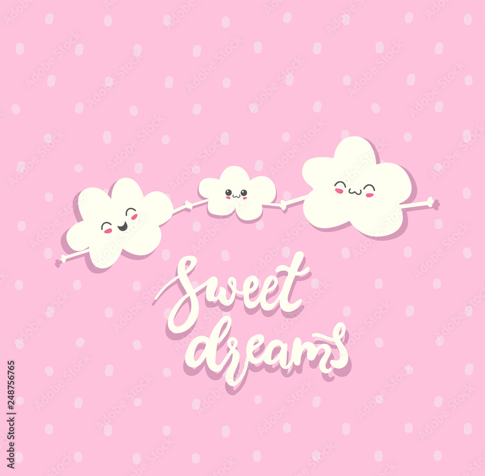 Sweet Dreams. Draw seamless pattern background with sky, family cloud, emotion and text, many details. Can use for printing, website, presentation element, textile. Vector illustration.