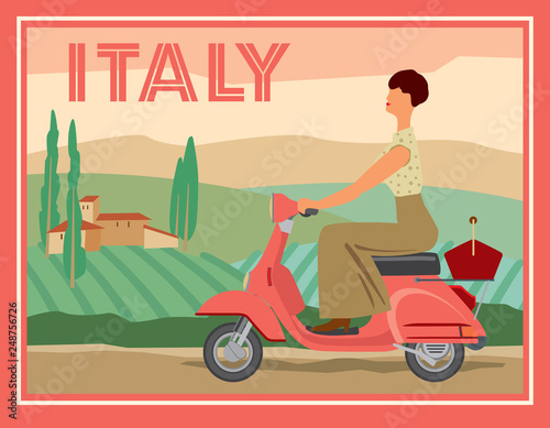 A girl on a motor scooter rides against the background of a rural Italian landscape. Retro card. Vector graphics