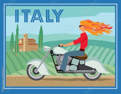 A girl on a motorcycle chopper rides on the background of a rural Italian landscape. Retro card. Vector graphics