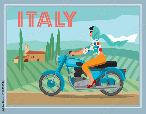 A girl on a motorcycle rides on the background of a rural Italian landscape. Vector graphics