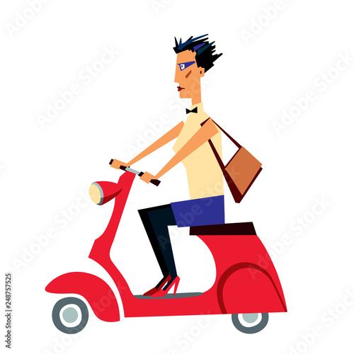 A cartoon character girl with a short hairstyle rides a small red scooter. Vector graphics. Isolate