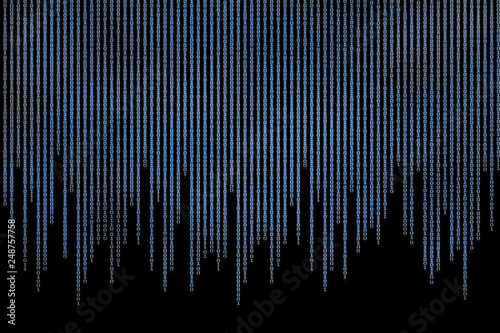 computer data matrix. vertical digital binary code moving motion downward. light up blue one and zero text flowing down. black background space with multiple layers coding.