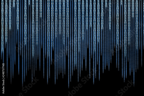 computer data matrix. vertical digital binary code moving motion downward. light up blue one and zero text flowing down. black background space with multiple layers coding.
