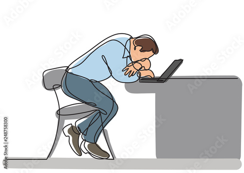 continuous line drawing of depressed businessman sitting bihind laptop computer