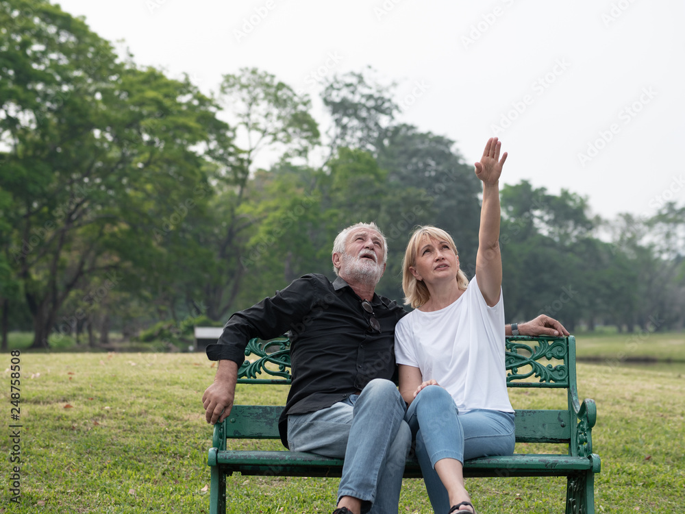 Old couple talk in a park on a sunny day sea looking and pointing to a clear horizon. Happy senior couple relax in the forest spring summer time. free time, lifestyle retirement grandparents concept