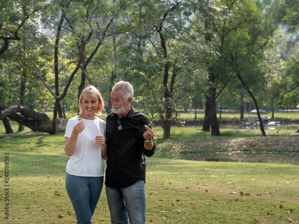 Fototapeta premium Happy senior man and woman couple in a park on a sunny day. relax in the forest spring summer time. free time, lifestyle retirement grandparents concept.