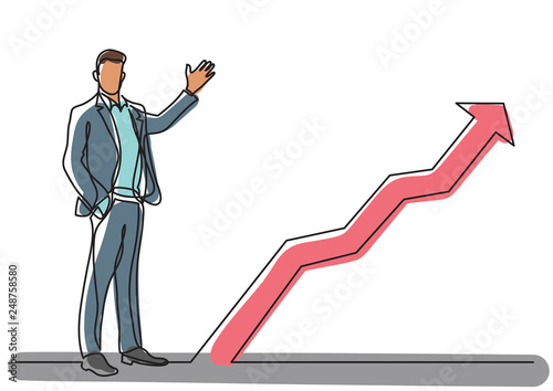 continuous line drawing of business situation - standing businessman presenting rising diagram