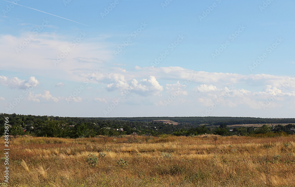Obraz premium Clouds on a bright blue sky. Colorful landscape, field, sunny weather. Selective focus, place for text.