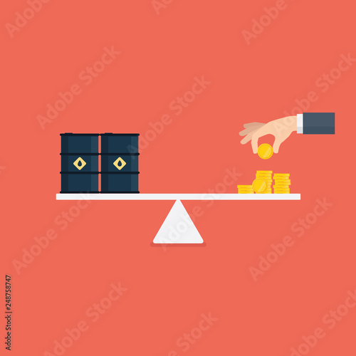 Scales with oil barrels and gold coins. Crude oil commodity trade