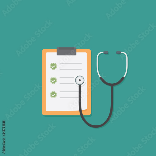 Document with results of laboratory test and stethoscope. Medical check up. Health care