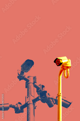 A security CCTV post with cameras installed in different directions on a bright and playful background in minimal and pop style.