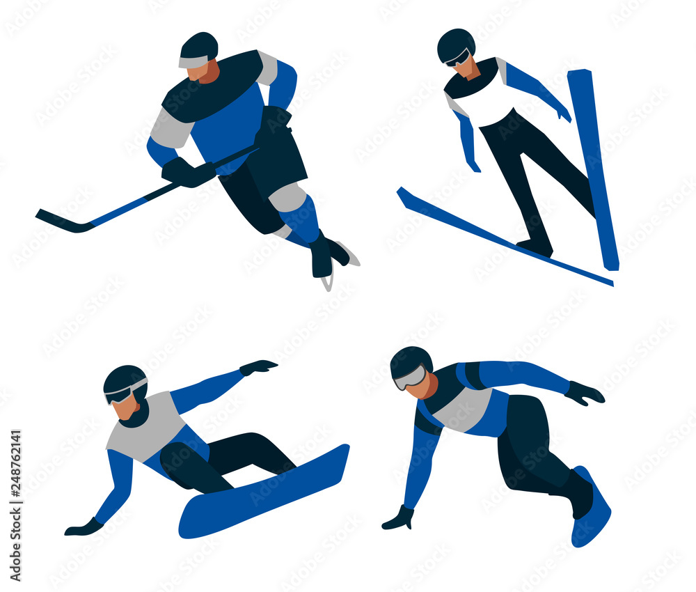 Obraz premium Set of winter sports figures. Dark blue sports uniform. Vector graphics