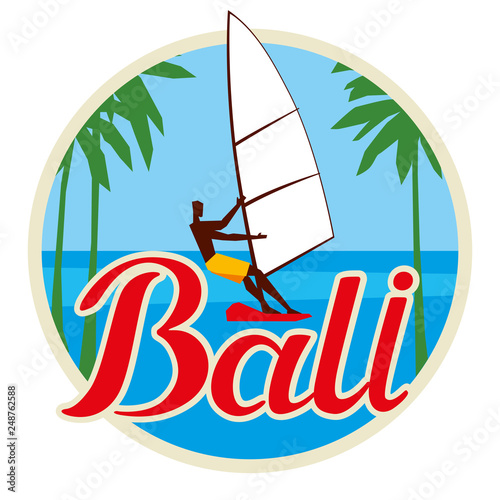 Bali tourist sticker. Windsurfing. Vector graphics