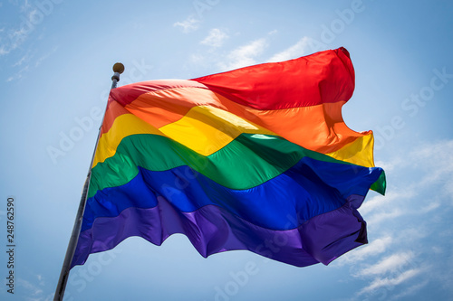 Obraz na plátne The Rainbow Pride Flag Blows in the Breeze against the Blue Sky over the San Die