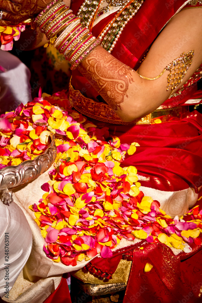 Colorful Rose Petals Are Showered on a Bride to Symbolize Beauty at a South Indian Wedding Ceremony in Hyderabad, India