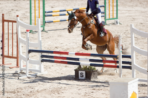 Young girl on her brown horse taking part in a Horse Jumping contest