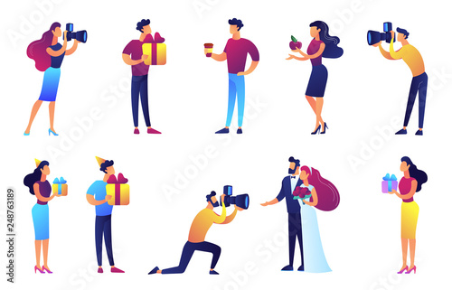 Photographers and wedding vector illustrations set. Paparazzi and wedding celebration, guests with gift boxes at party, tiny people concept. Vector illustrations set isolated on white background.
