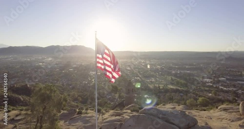 Aerial American Flag on Top of a Mountain 08