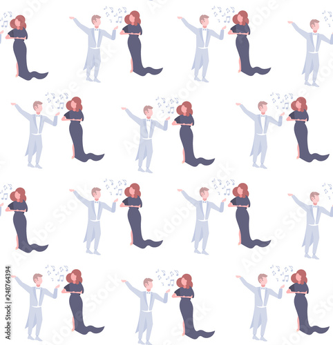 elegant couple opera singers man woman singing karaoke songs concert and music concept seamless pattern female male cartoon character full length flat