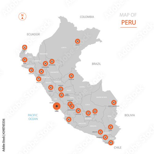 Stylized vector Peru map showing big cities, capital Lima, administrative divisions and country borders