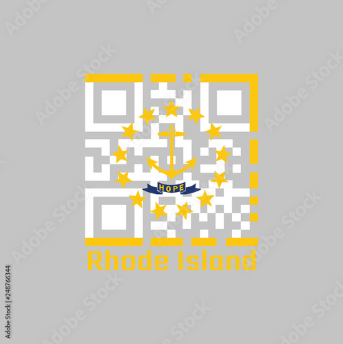QR code set the color of Rhode Island flag. The states of America. Gold anchor, surrounded by 13 gold stars on white. A blue ribbon below the anchor contains.