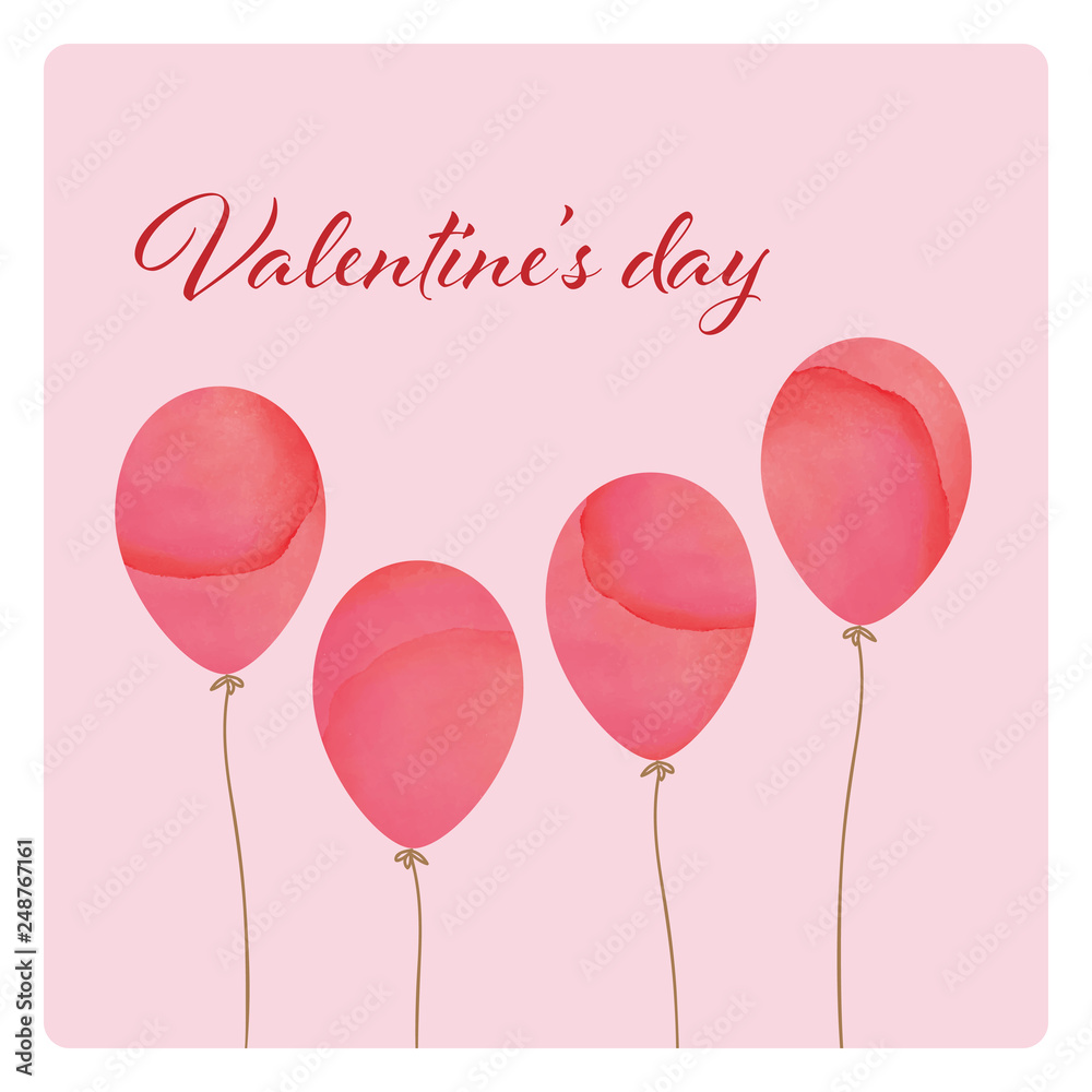 Pink pastel watercolor style of Valentines card. Balloons card for Valentine.