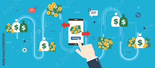 Banking transfer, transaction financial and money. Businessman hand clicking on transfer button in smartphone bank app.Transferring money to various accounts. Flat design vector illustration. 