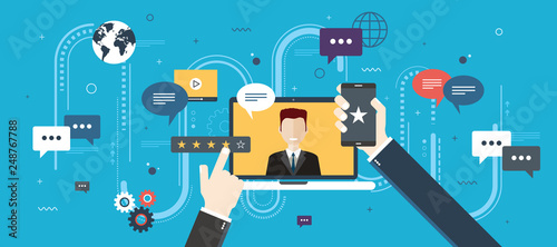 Evaluation of online support, contract service or purchase product. Customer testimonials, vote and feedback, rating and liked. Concept of technology on business. Flat design vector illustration.